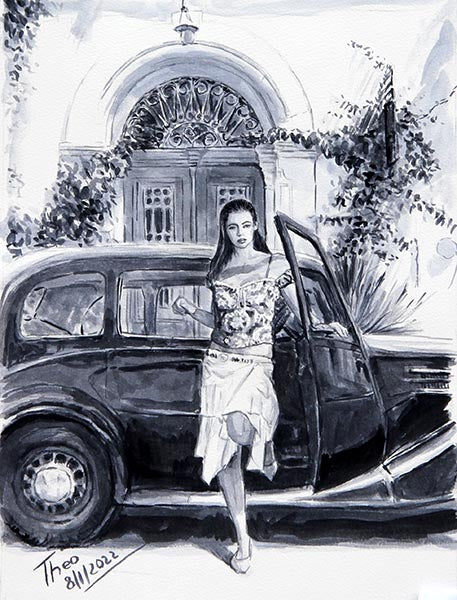 Watercolour sketch of a girl with classic car outside the art cafe 1900 in Larnaca, a watercolour painting by Theo Michael