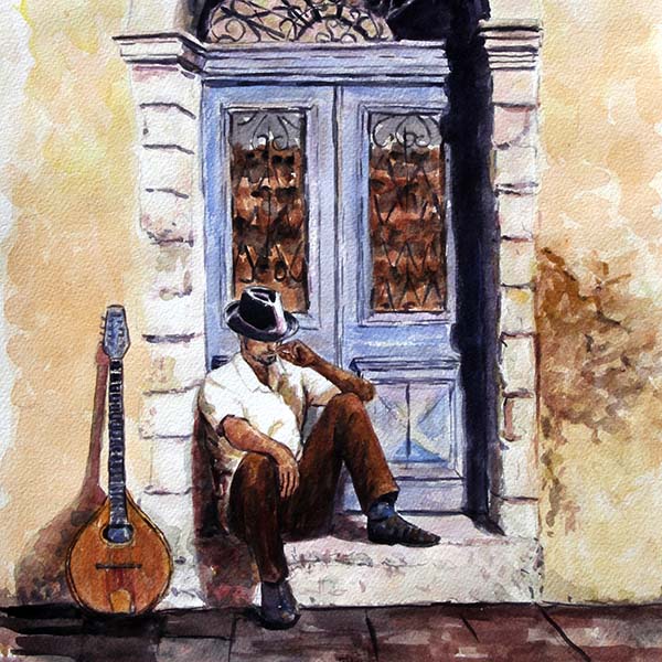 watercolour sketch  by Theo Michael The Bouzouki Player, a Cyprus inspired painting